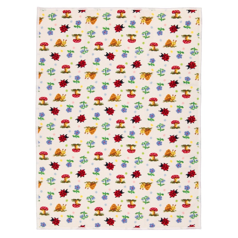 Детское одеяло Feiler Mini PAULI DOTS 75x100 на светлом фоне: кремовое шенилловое полотно с божьими коровками, мухоморами и цветами