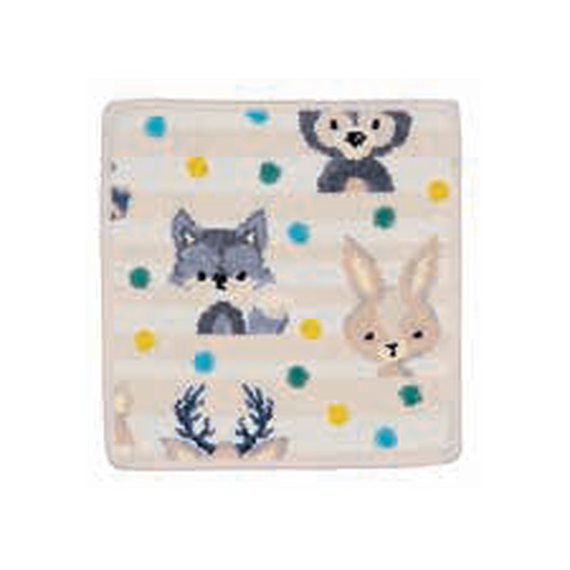 Салфетка Feiler Mini WOODLAND 25x25: светлый полосатый квадрат с лесными зверями — ёжик, волк, заяц, косуля — и цветными точками
