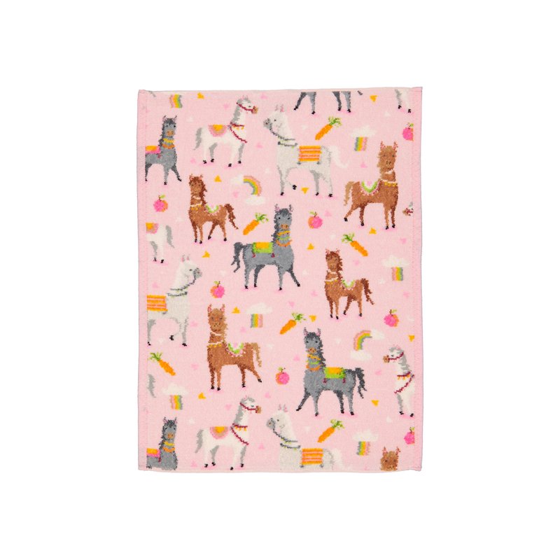 Полотенце Feiler Mini LOS CABALLOS 37x50 на белом фоне: розовое поле с лошадками, морковками, радугами и морковными «лакомствами», кайма в тон