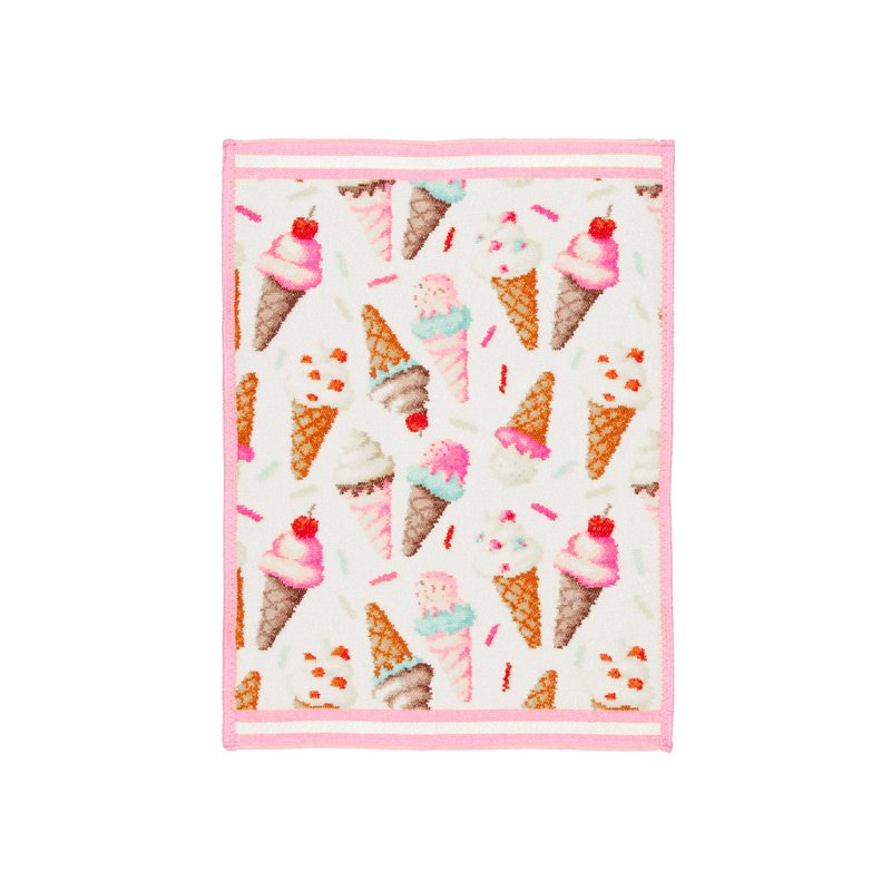 Полотенце Feiler Mini SWEET SPRINKLES 37x50 на белом фоне: рожки мороженого и цветная присыпка на белом поле, розовая кайма по краю